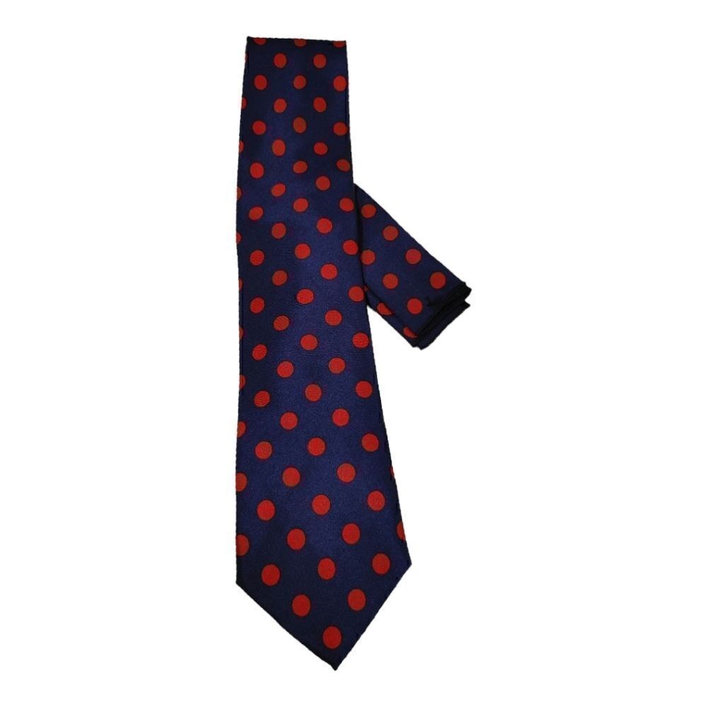 MEN'S ST. PATRICK NAVY/RED POLKA DOT TIE AND POCKET SQUARE SET.